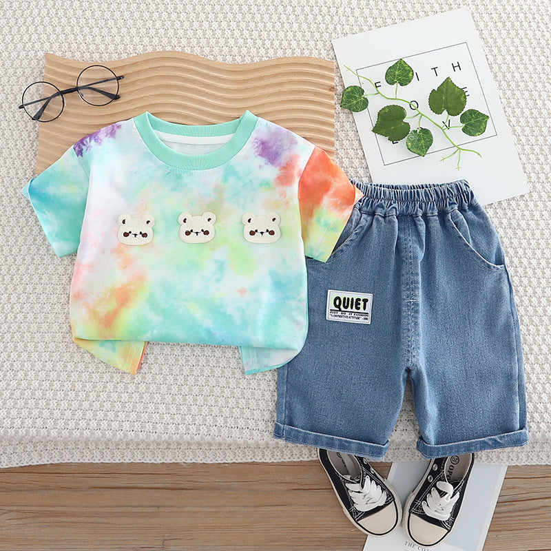 Baby suit three bear short sleeve tie-dye top with denim shorts two-piece set for toddlers