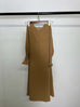 Brown long sleeve round neck dress with wavy ruffled cuffs made of polyester fiber