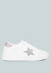 White chunky sneakers with silver glitter star detail and lace-up design