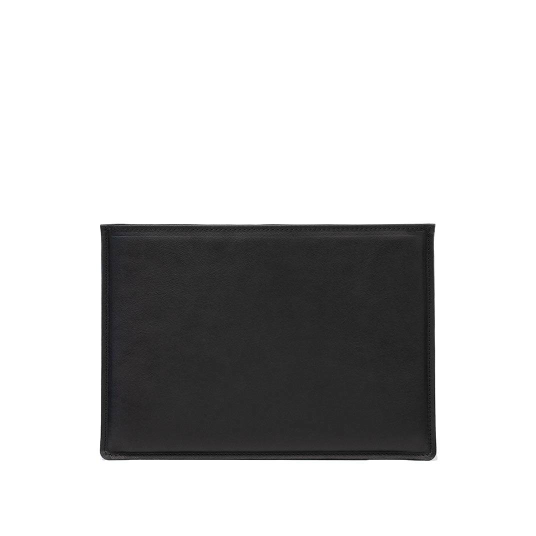 Slim black leather sleeve for iPad with minimalist design and durable Italian leather craftsmanship