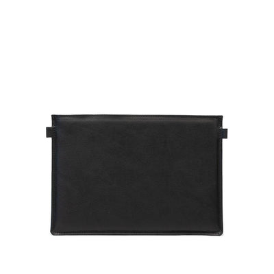 Slim black leather sleeve for iPad with minimalist design and top-entry closure