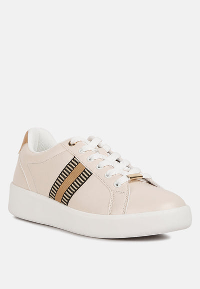 Loyalty Embroidery Detail Sneakers in beige faux leather with lace-up design and chunky white platform soles