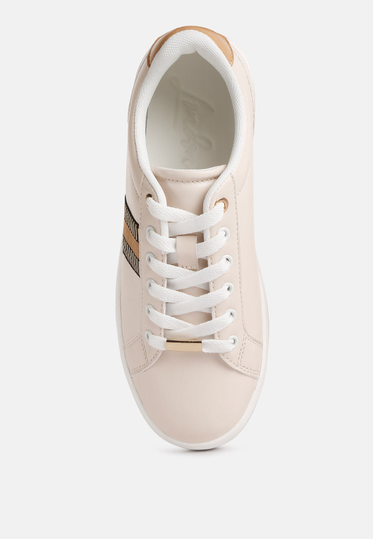 Top view of beige Loyalty Embroidery Detail Sneakers with lace-up design and contrasting back panel