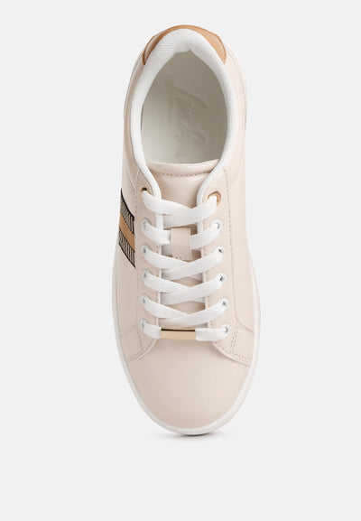 Top view of beige Loyalty Embroidery Detail Sneakers with lace-up design and contrasting back panel