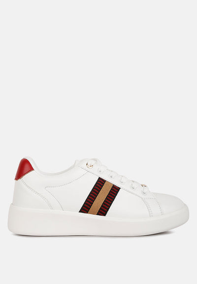 White Loyalty Embroidery Detail Sneakers with red back panel, lace-up, chunky platform, and cushioned insoles