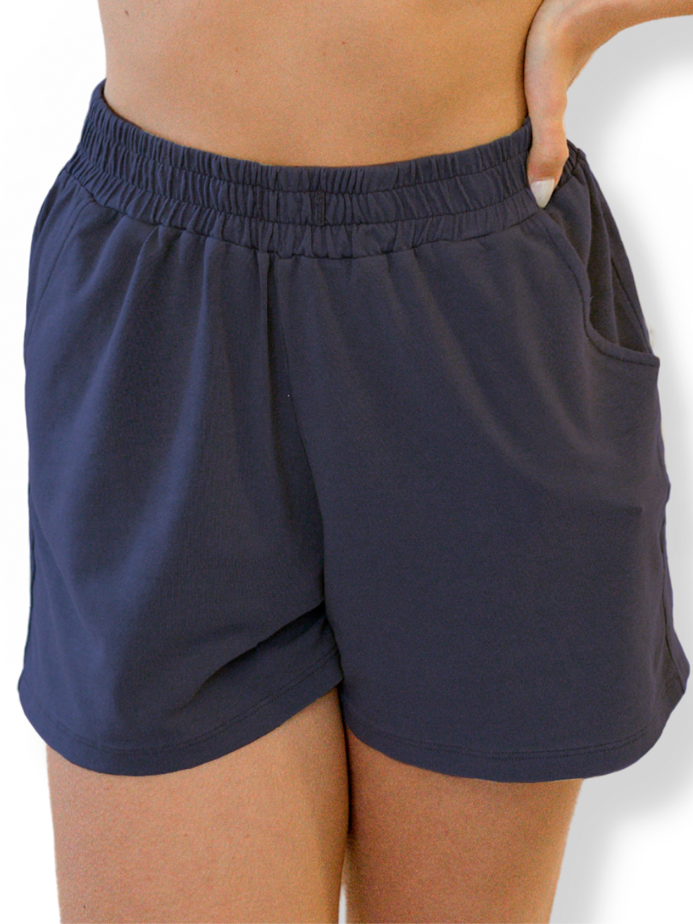 Creamfields Organic Cotton short in navy blue with elastic waistband and side pockets made from soft organic cotton blend