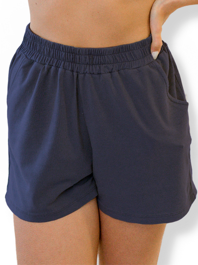 Creamfields Organic Cotton short in navy blue with elastic waistband and side pockets made from soft organic cotton blend