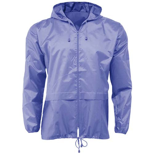 Cagoule légère imperméable unisexe avec capuche et poches avant, rangeable, disponible en plusieurs tailles et couleurs.