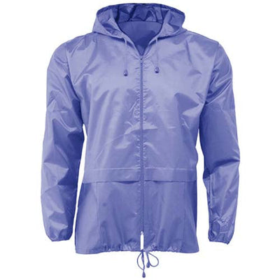 Cagoule légère imperméable unisexe avec capuche et poches avant, rangeable, disponible en plusieurs tailles et couleurs.
