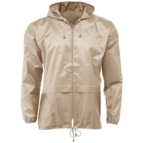 Cagoule légère unisexe imperméable avec capuche et poches avant, facile à ranger, disponible en plusieurs tailles et couleurs.