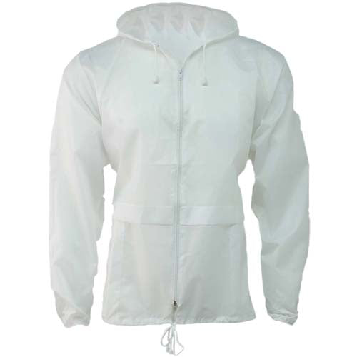 Cagoule légère unisexe imperméable avec capuche et poches, facile à ranger en blanc.