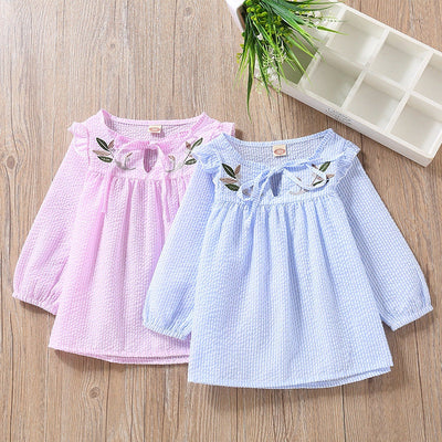 Baby girl striped long sleeve t-shirts with embroidered bow tie pattern in pink and blue colors