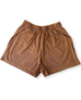 Creamfields Organic Cotton soft brown shorts with elastic waistband and pockets, made from 90% organic Peruvian Pima cotton and 10% spandex, pre-shrunk and pilling resistant.