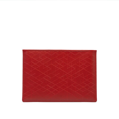 Red slim leather sleeve for iPad with geometric embossed pattern, handcrafted European design