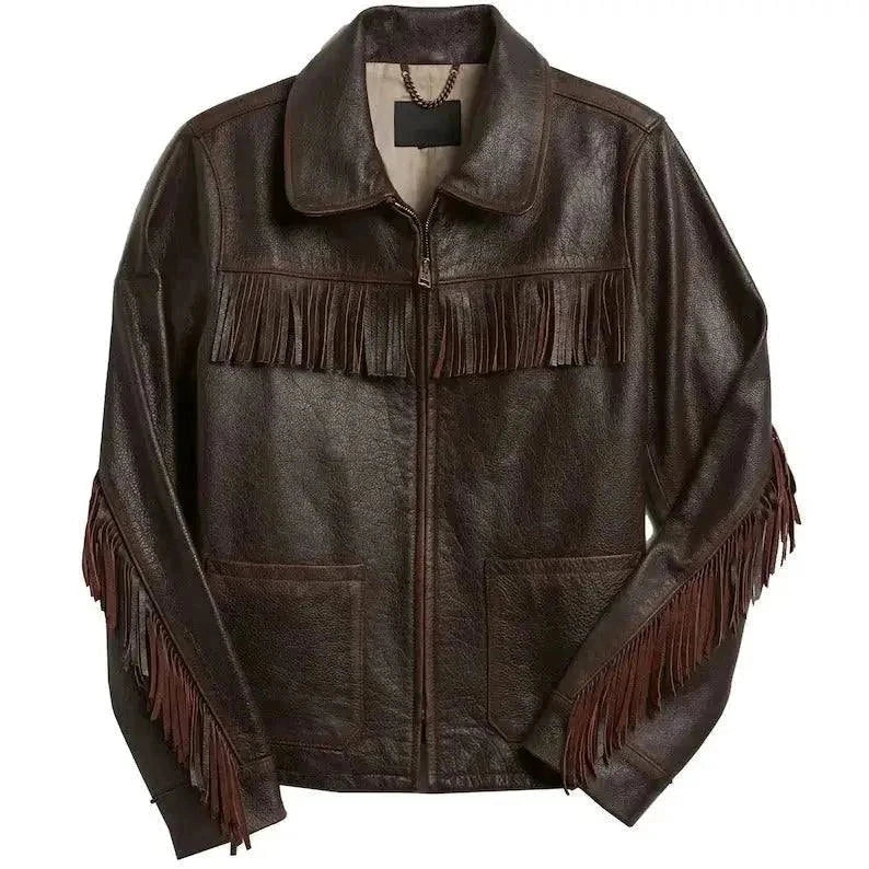 Women's Fringe Leather Jacket in dark brown suede with fringe detailing and zipper front closure