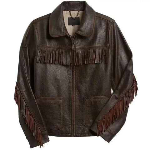 Women's Fringe Leather Jacket in dark brown suede with fringe detailing and zipper front closure
